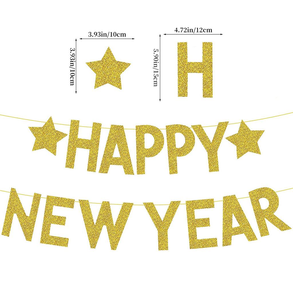 Black Gold Happy New Year Banner New Year'S Eve Party Arrangement Fireworks Cheers Banner Latte Custom