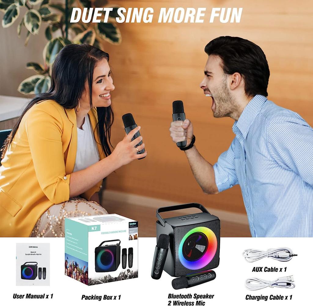 Караоке-машина, портативный динамик Bluetooth, светодиодная лампа для вечеринок с 2 беспроводными микрофонами для караоке — подарок на день рождения, семья, вечеринка, встреча, поддержка USB.