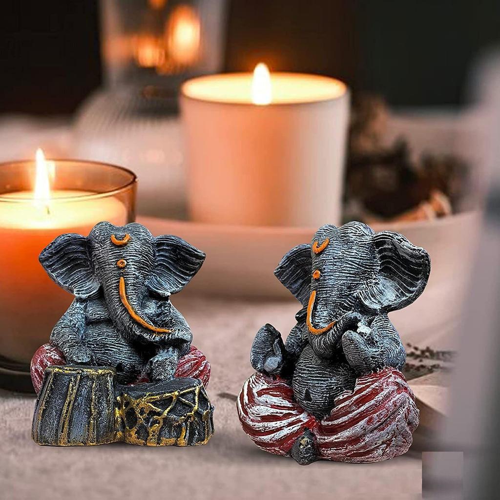 Resin Ganesha Pair for Home Decor | Brings Prosperity - (Grey & Red, Pack of 2)