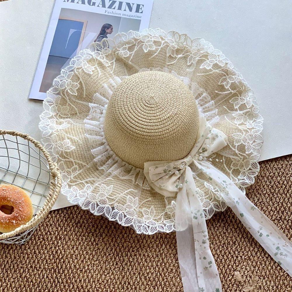 Flower Straw Hat Big Bowknot Wide Brim Hat Lolita Sun Protection Hat Seaside Vacation