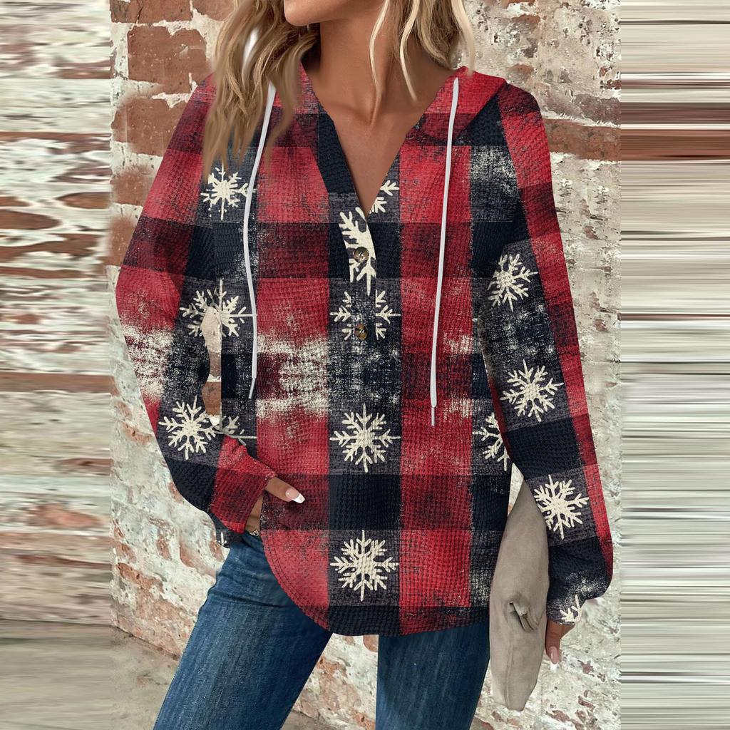 Женская мода с длинным рукавом, завязками на шнурке, капюшоном, пуговицами, V-образным вырезом, повседневная толстовка с капюшоном и рождественским принтом