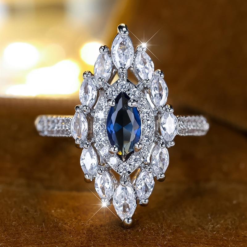 Роскошные обручальные кольца с белым и синим цирконием огранки «маркиза» для женщин, серебряное обручальное кольцо, ювелирное изделие в подарок