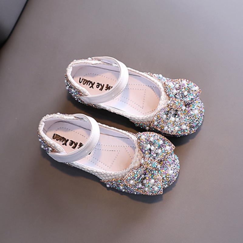 Детские кожаные туфли со стразами и бантом, принцессные туфли для девочек, модные весенне-осенние детские туфли Мэри Джейн на плоской подошве для вечеринки