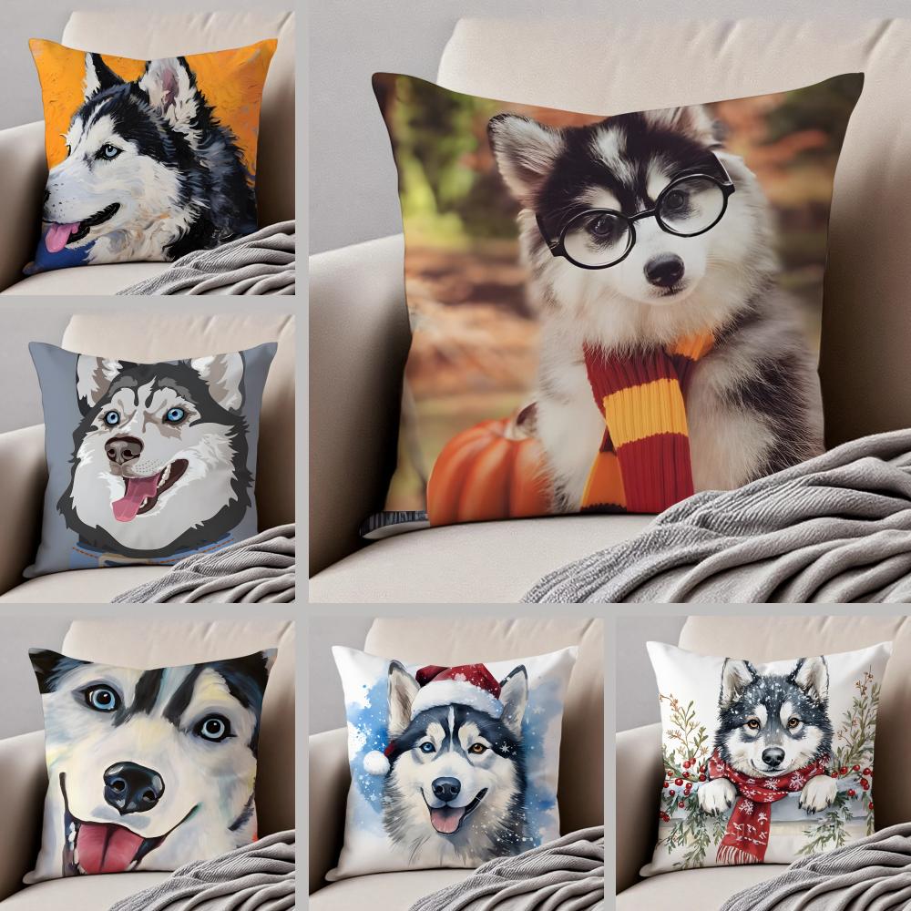 Cute funny Siberian Husky Cushion Cover Throw Pillow Cover Hidden Button Durable Polyester Chair Cushion
