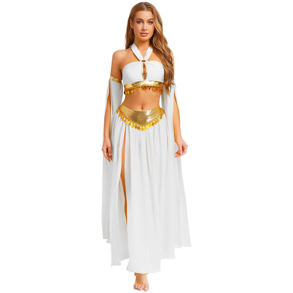 Women's Belly Dance Costume Set: Self-Tie Halter Crop Top with Built-In Briefs & Side Slit Chiffon Skirt + Removable Split Sleeves