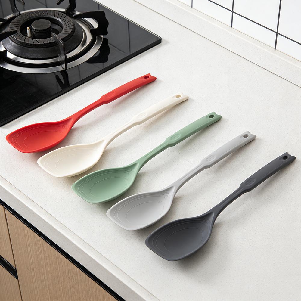 2Pcs Silicone Spoon Multi-use Hold Comfortable Non-slip Round Handle Cooking Utensils Mixing Spoon Silicone Tableware Scoop