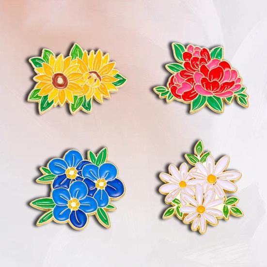 Брошь Яркий Цвет Пион Цветок Листья Форма Значок Украшение Одежды Свитера Шляпы Сумки Аксессуар