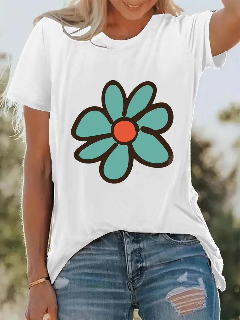[Casual Flower T-shirt] Women's Casual Flower Pattern Printed T-shirt | Short-sleeved Round Neck, Spring and Summer, Vacation, Machine Washable,