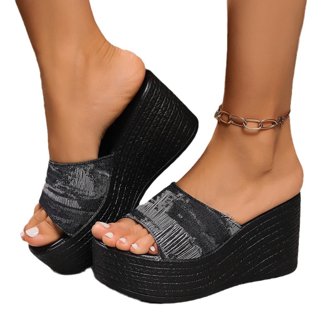 Foreign Trade Large Size One-character Denim Slippers Women Slippers New Korean Version Fashion Thick Bottom