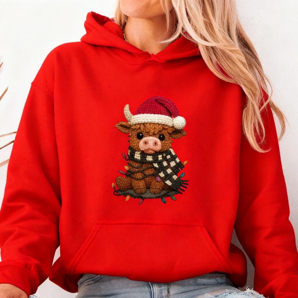 Cow Printed Women Hoodie Christmas Cow Graphic Winter Autumn Top Women Long Sleve with Pocket Casual Daily Sweatshirt Xmas Tops