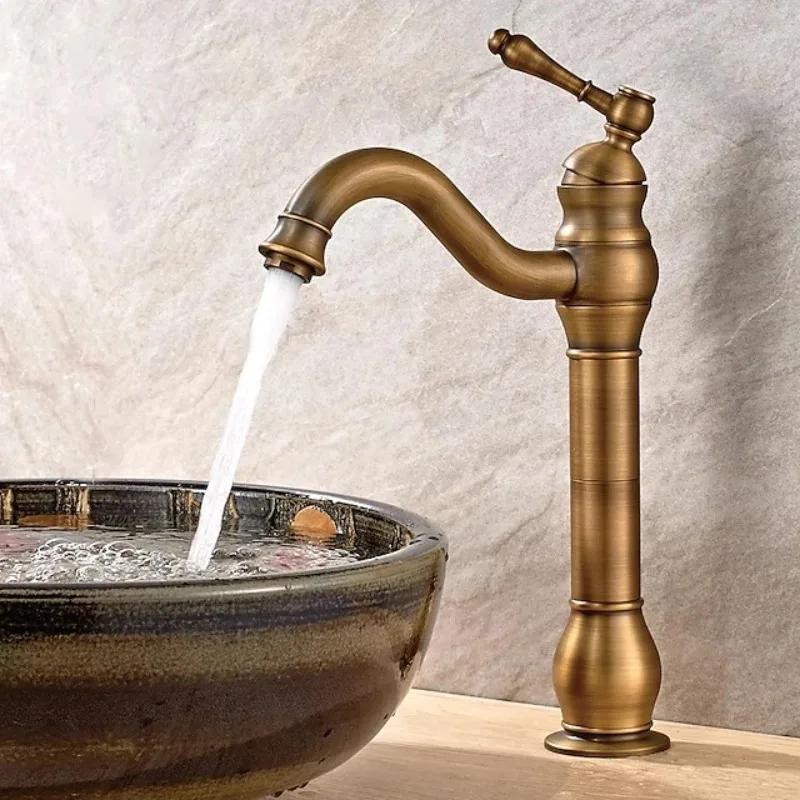 Керамический старинный латунный кран для ванной комнаты, вращающийся на 360°, одноотверстие, винтажный смеситель с длинным горлышком, кран для раковины, подходящий к сливу