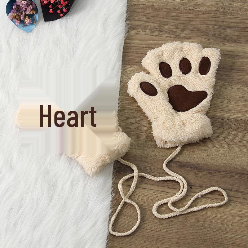 Winter Cute Cartoon Half-Finger Fleece Gloves for Women, Bear & Cat Paw Design.