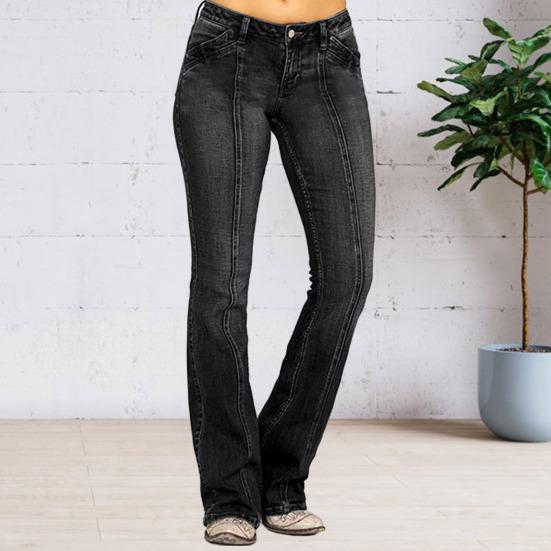 Women Jeans Mid Waist Pockets Zipper Button Closure Retro Washed Flared Hem Slim Fit Colorfast Full Length Lady Long Trousers