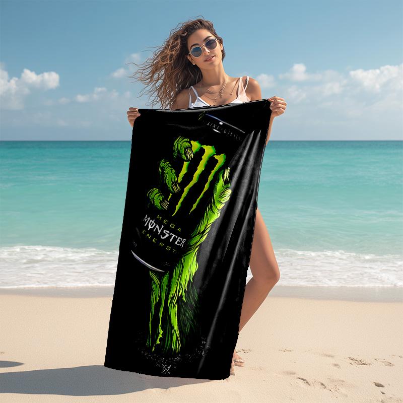 Пляжное полотенце с рисунком логотипа Monster Energy - мягкое, впитывающее, быстросохнущее, можно стирать в машине - идеально для плавания, кемпинга, купания