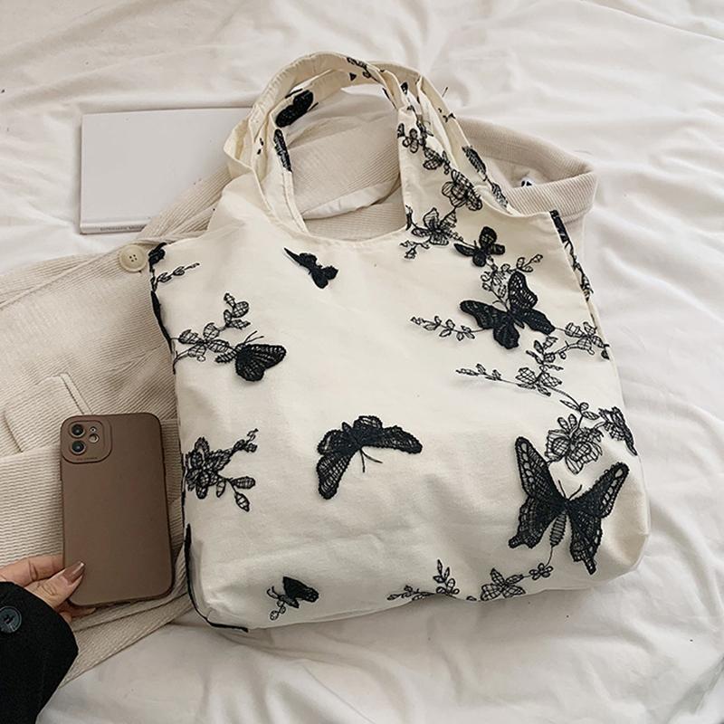 Yogodlns Холщовая кружевная сумка с вышивкой бабочки, большая вместительная универсальная сумка на плечо для женщин, дорожные сумки-тоут для покупок
