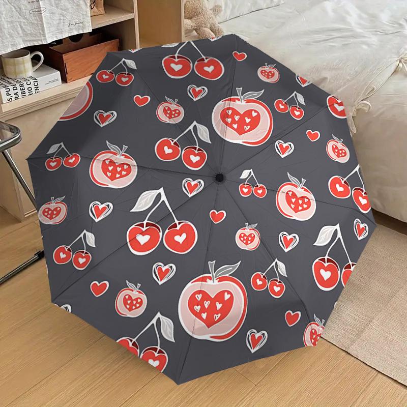 1pc Cherry Heart Pattern Automatic Folding Umbrella Durable Iron Frame, Iron Umbrella Structure Suitable for All Seasons yy260203102