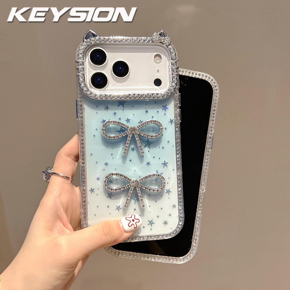 KEYSION Милый 3D Чехол для телефона с кошачьими ушками, прозрачный, для iPhone 12 13 Pro Max 11, с блестками, украшенный драгоценными камнями, с бантиком, противоударная задняя крышка