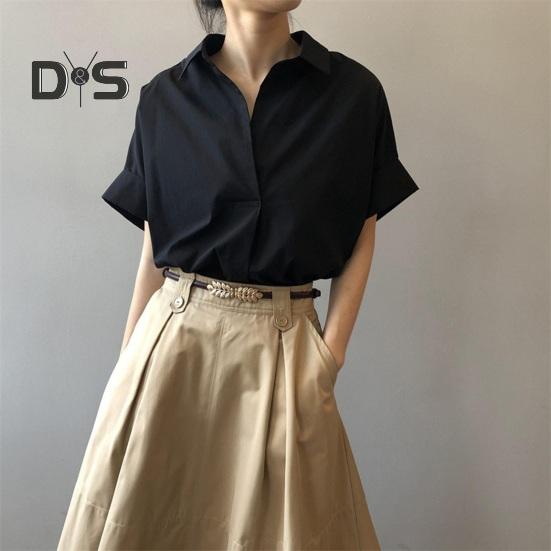 Женская летняя рубашка с лацканами и коротким рукавом, однотонный пуловер, свободный крой, тонкая офисная женская рубашка, рабочая одежда