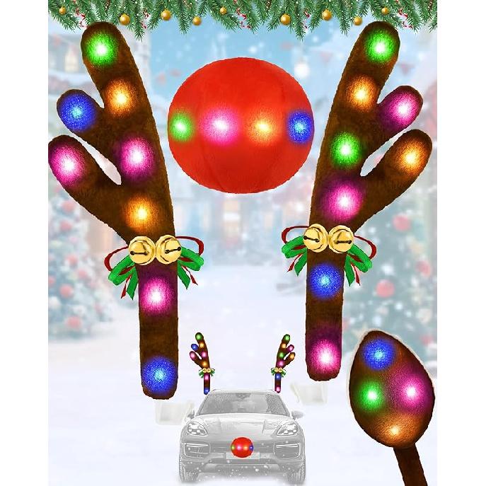 Christmas Reindeer Antlers Car Decoration Kit, LED Lights Nose Vehicle With Jingle Bells Rudolph, Auto Holiday Accessories For SUV Van Truck Decor