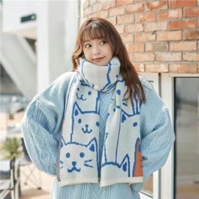 White Scarf Women's Knitted Winter Soft and Versatile Solid Color Wool Korean Style Warm Korean Style Couple Scarf New Trend