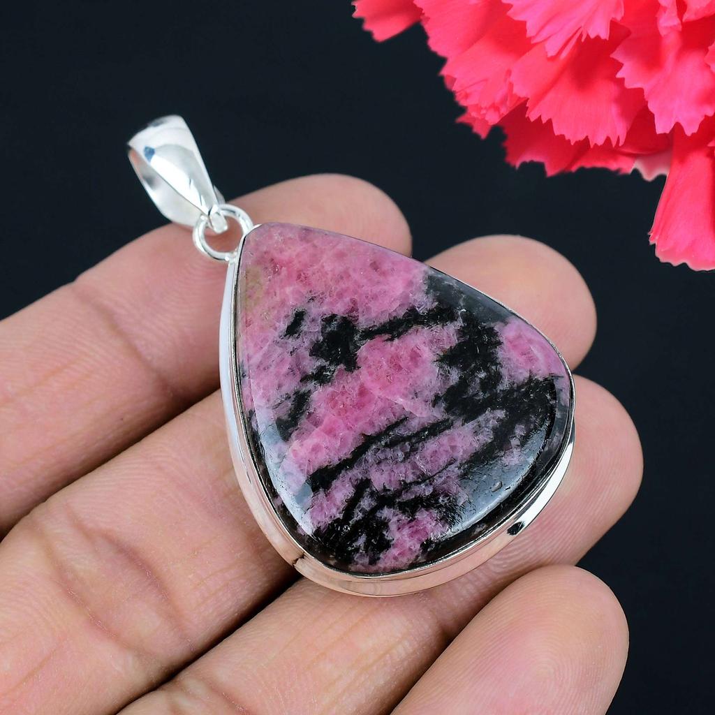 Rhodonite Gemstone Pendant Solid 925 Sterling Silver Pendant Jewelry Gift For Unisex