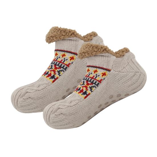 1 Pair Floor Socks Thickened Fleece-Lined Silicone-Dot Sole Slip-Resistant Traction Quiet Walking Socks with Jacquard Accents