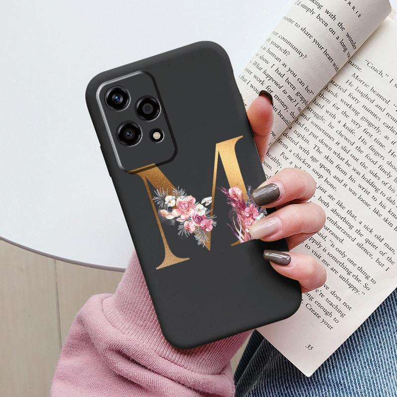 Золотой Чехол-Буквы Для Honor 200 Pro Lite Умный Черный Чехол Мягкая Крышка Для Honor 200Lite Защитный Ударопрочный Funda Розовый Цветок