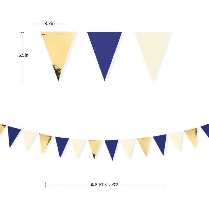 30Ft Navy Blue Gold and Beige Party Decorations Royal Blue Gold Triangle Flag Pennant Banner Bunting for Graduation Birthday Wedding Bridal Shower