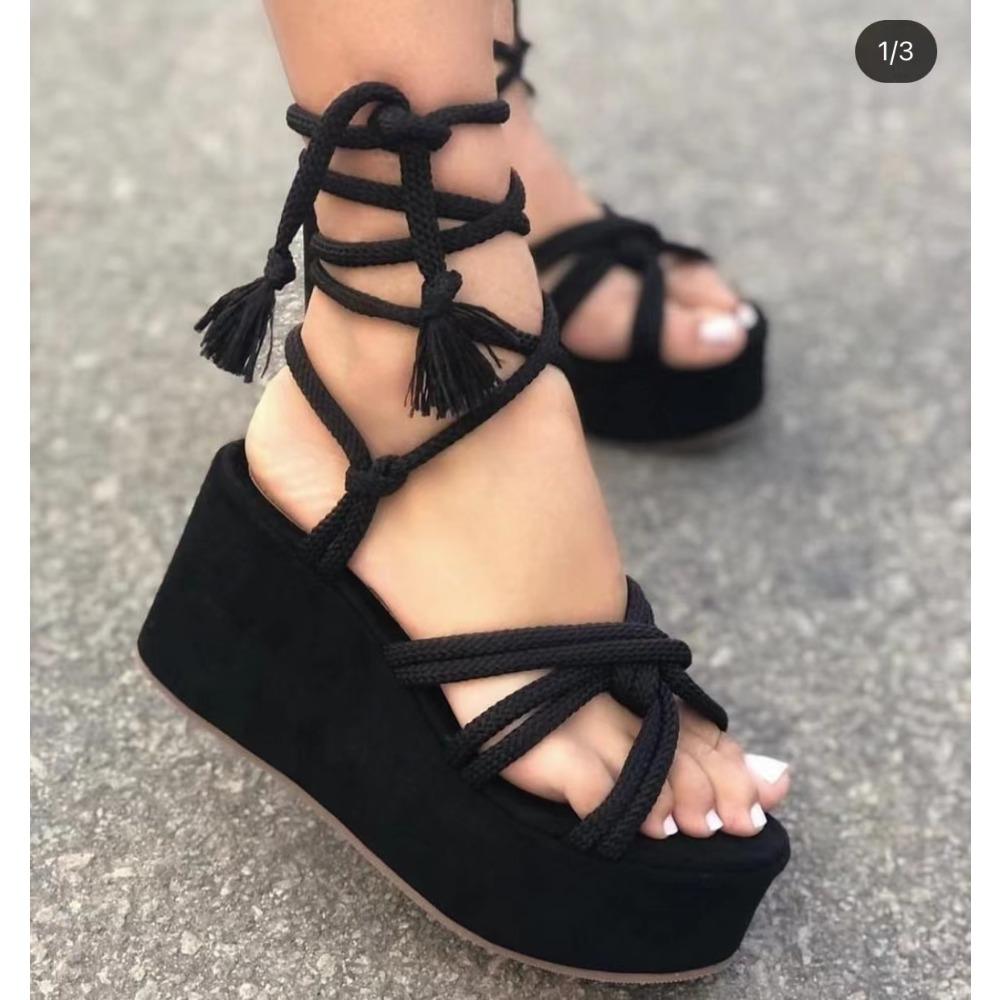 Fashion New Platform Wedge Strappy Sandals Women Fashion Round Toe Cross Tied Open Toe Women Sandals Platform Sandals Zapatos De Mujer
