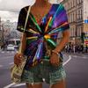 Women's V-Neck Short Sleeve Rainbow Orbit Printed Tops Loose T-Shirt Casual Blouse