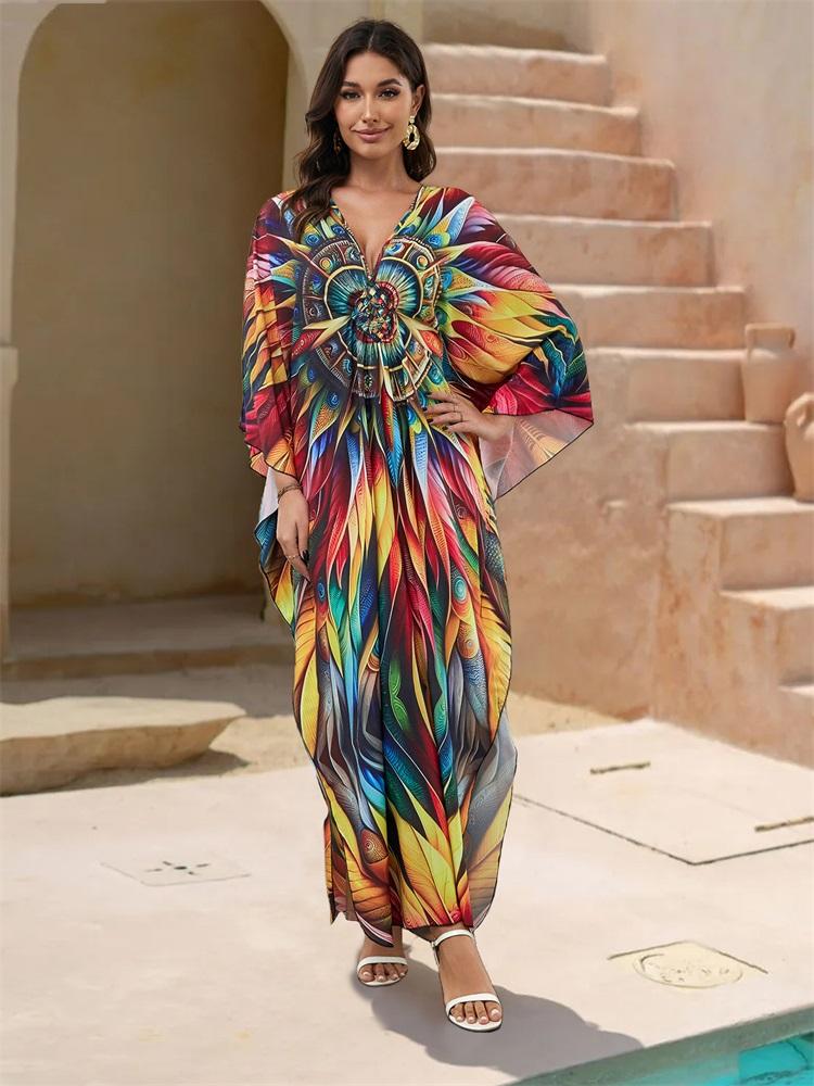 EDOLYNSA Vintage Colorful Printed Women's Plus Size Kaftan 2024 Summer Boho V-Neck Batwing Sleeve Sexy Beach Cover-ups Cozy House Dress Q1588