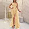 Women Evening Dress One Shoulder Sleeveless Shiny Sequin Padded Feather Decor High