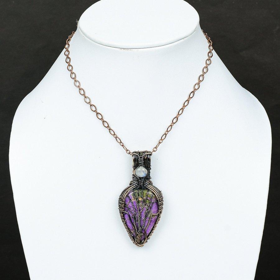 Natural Purpurite, Moonstone Gemstone Copper Wire Wrap Pendant 2.68" B6L90