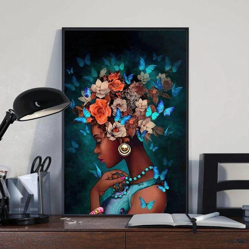 Африканская черная девушка бабочка гостиная спальня крыльцо постер безрамная картина фон стена украшение дома картина ядро
