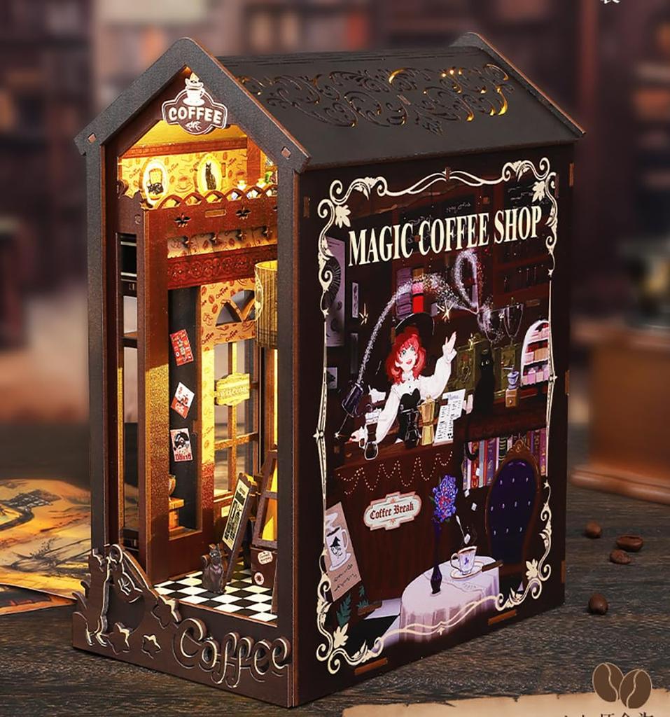 QmXCyzl Wooden DIY Dollhouse Kit with Miniature 3D Bookstand and Holiday Gift Building Scenario (Magic Coffee)