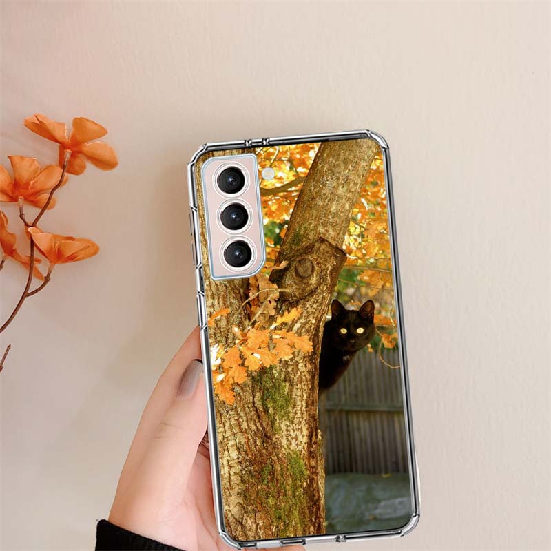 Autumn Maple Leaf Black Cat Clear Phone Cases for Samsung S26 Ultra Galaxy S25 Edge S24 S23 FE S21 Plus S20 S22 S10 Cover Patter