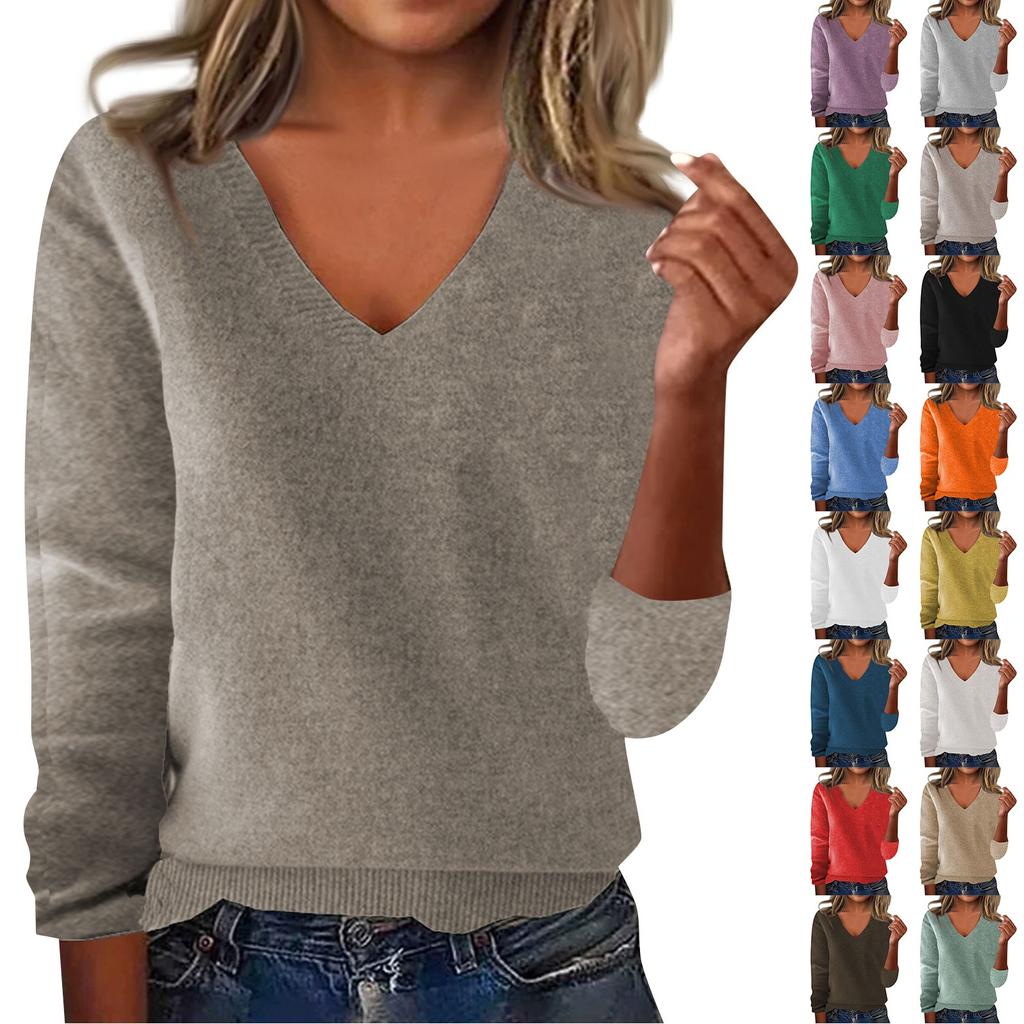 Women's Fashion Loose V-Neck Long Sleeve Bottom Shirt Top Knitted Sweater