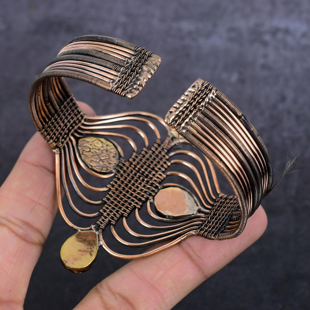 Lapis Lazuli Gemstone Handmade Copper Wire Wrap Cuff Bangle Adjustable H6n75