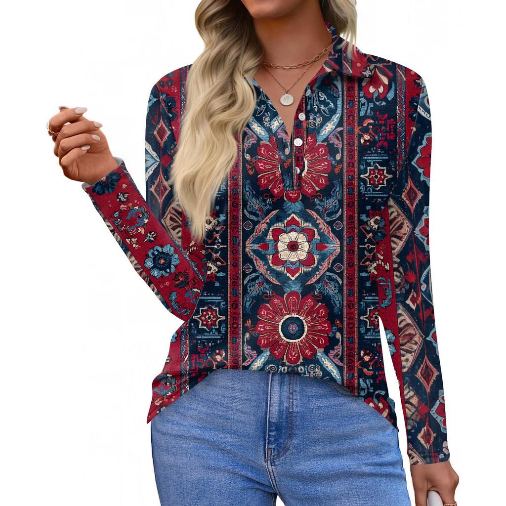 Women's Fashion Casual Lapel Short Long Sleeve Print Shirt Women's Button Up Tops