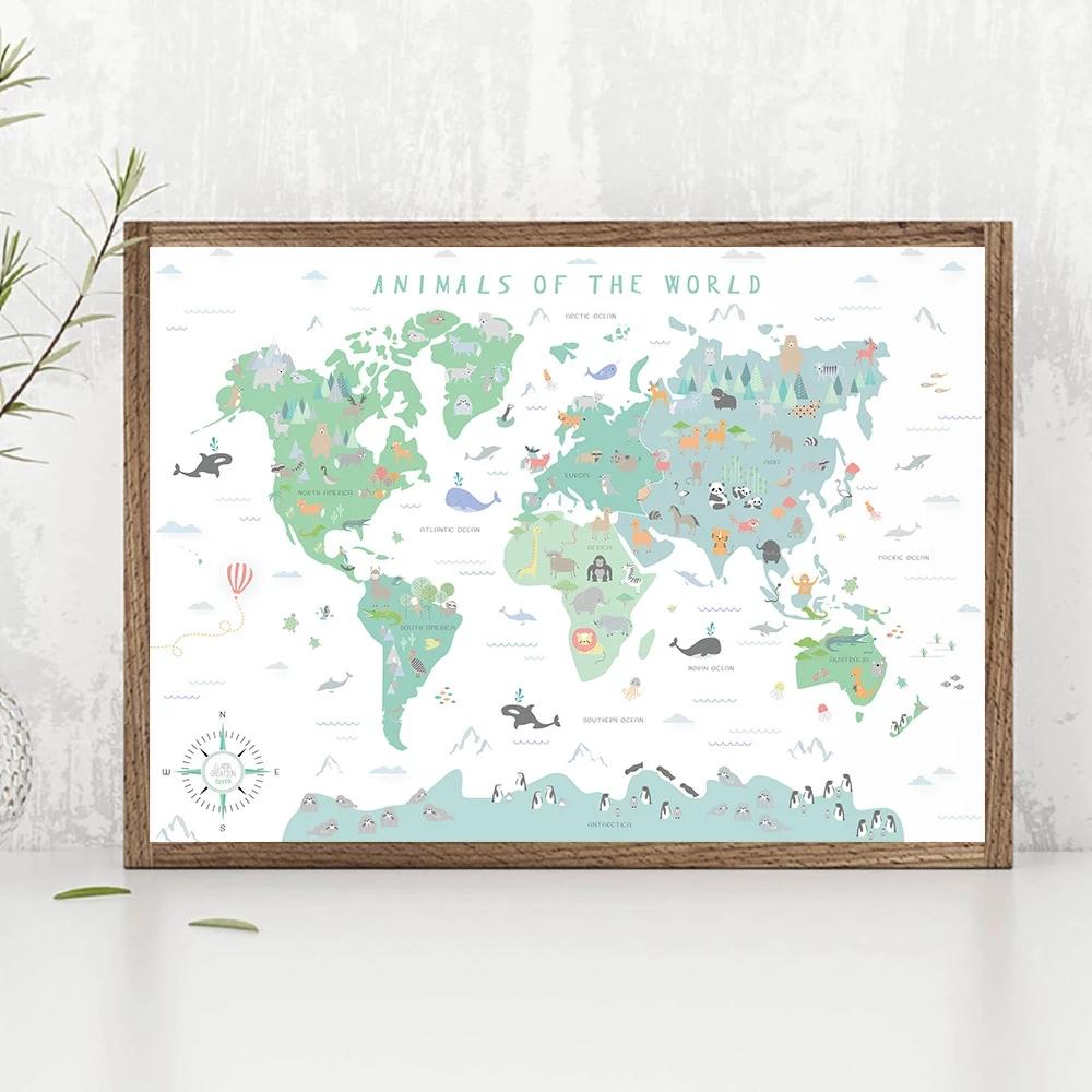 Скандинавские детские постеры и принты, карта мира с животными, холст, живопись, акварель, мультяшная настенная художественная картина для детской спальни, декор