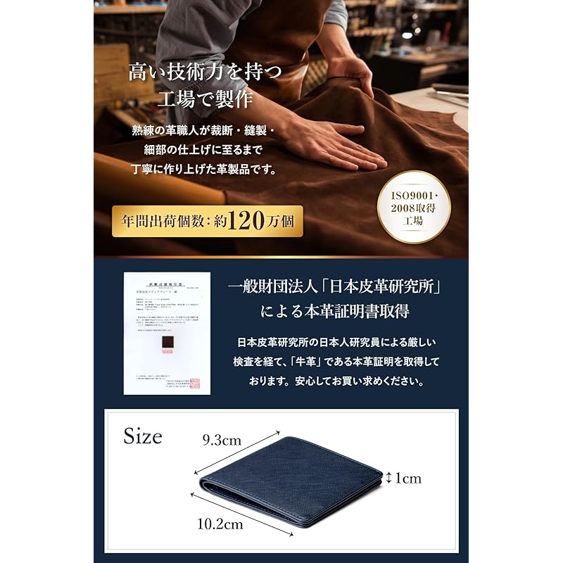 [VALOREA] bifold wallet men's lightweight Thin [Smart design for easy removal] genuine leather compact (Navy)