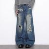 Mens Distressed Loose Fit Denim Pants With Ripped Details Wide Leg Straight Cut Casual Wear