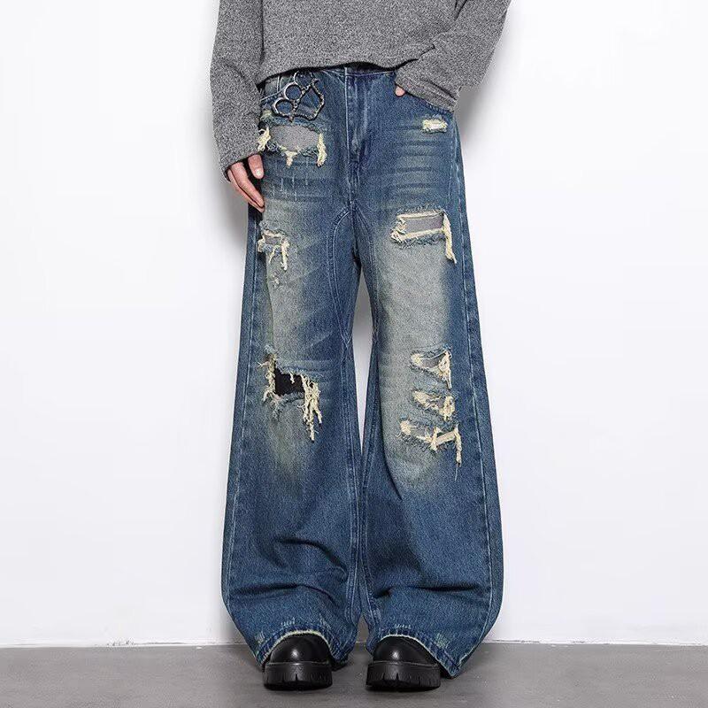 Mens Distressed Loose Fit Denim Pants With Ripped Details Wide Leg Straight Cut Casual Wear
