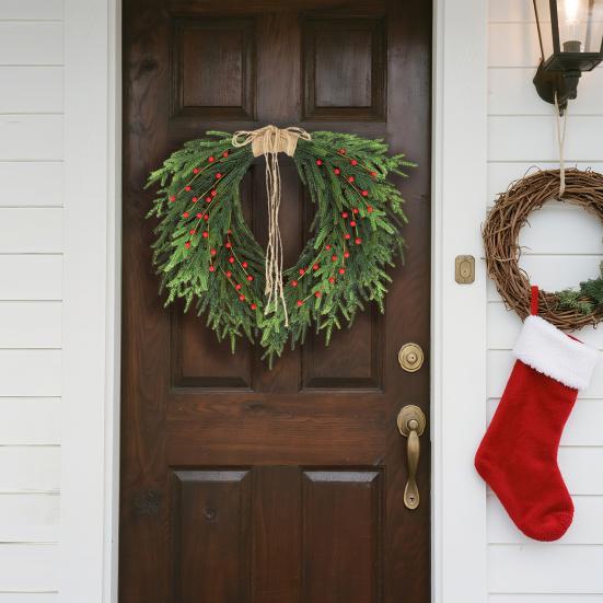 Рождественский венок с эффектом реального прикосновения, красные ягоды, джутовый бант, гирлянда из мягкой сосны, декор для праздничной вечеринки в помещении и на улице