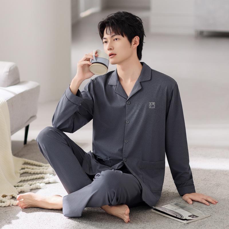 Pajamas Men'S Spring And Autumn Pure Cotton Long-Sleeved Autumn Plaid High-End Sense Can Be Worn Outside Qingzhong Spring Loungewear Suit