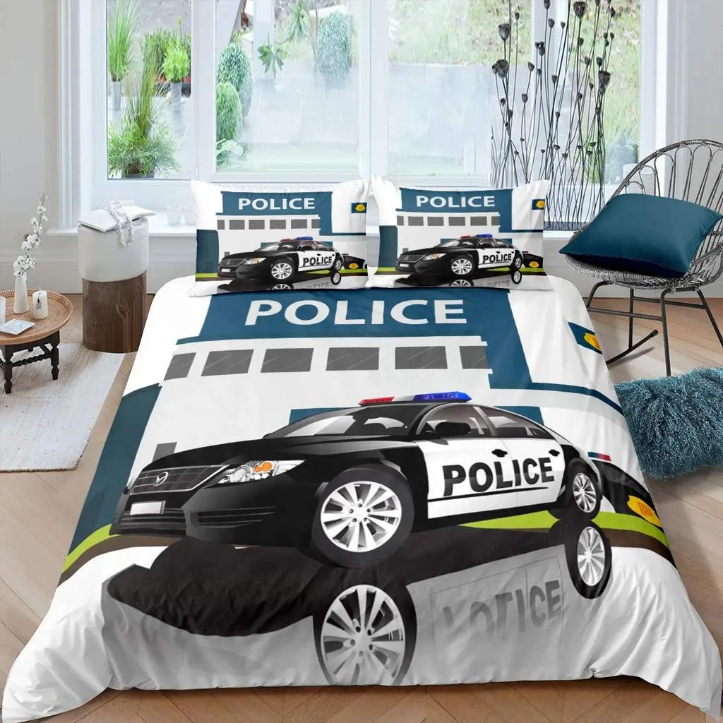 Police Car Duvet Cover Set King Queen Size Polyester Quilt Cover Cartoon Car Pattern For Kids Teens Bedding Set With Pillowcase