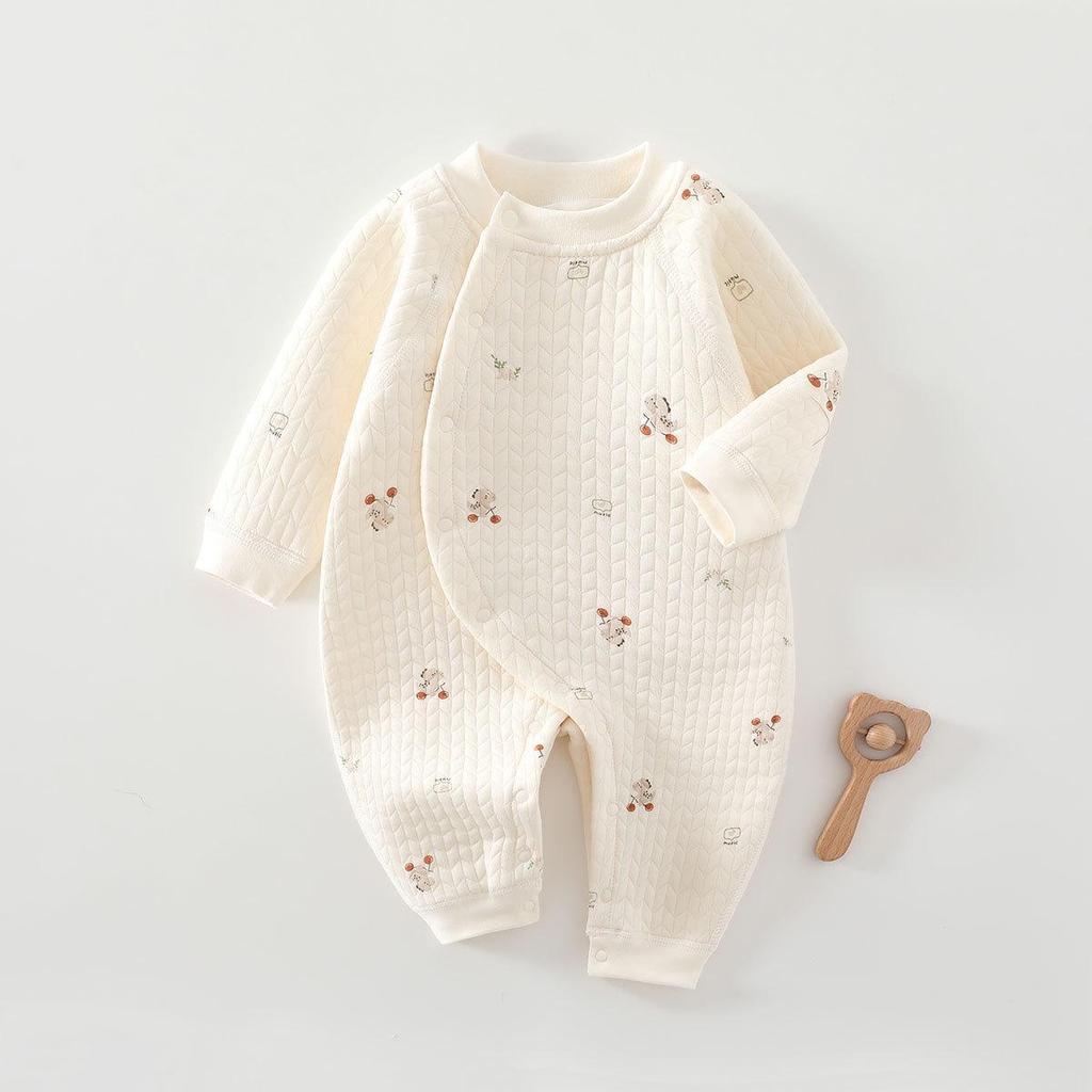 Cozy Air Cotton Baby Romper - Long Sleeve, Side Snap, Boneless Crawling Suit for Newborns - Perfect for Autumn & Winter Outings