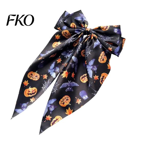 Ghost Hair Clip Halloween Silky Satin Bows for Women, Big Ribbon Bow Clips Girls, Strong Grip Oversized Long Tail Barrettes, Cute Bat