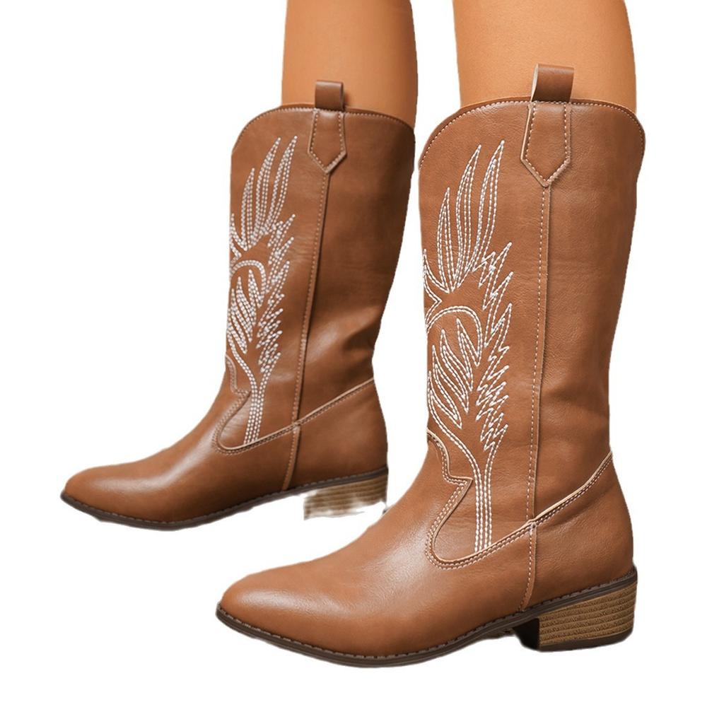 Женские ковбойские сапоги до середины голени с острым носком, без застежек, на толстом блочном каблуке с вышивкой, женские ковбойские сапоги в стиле вестерн, ботильоны с широким голенищем, надеваемые через голову