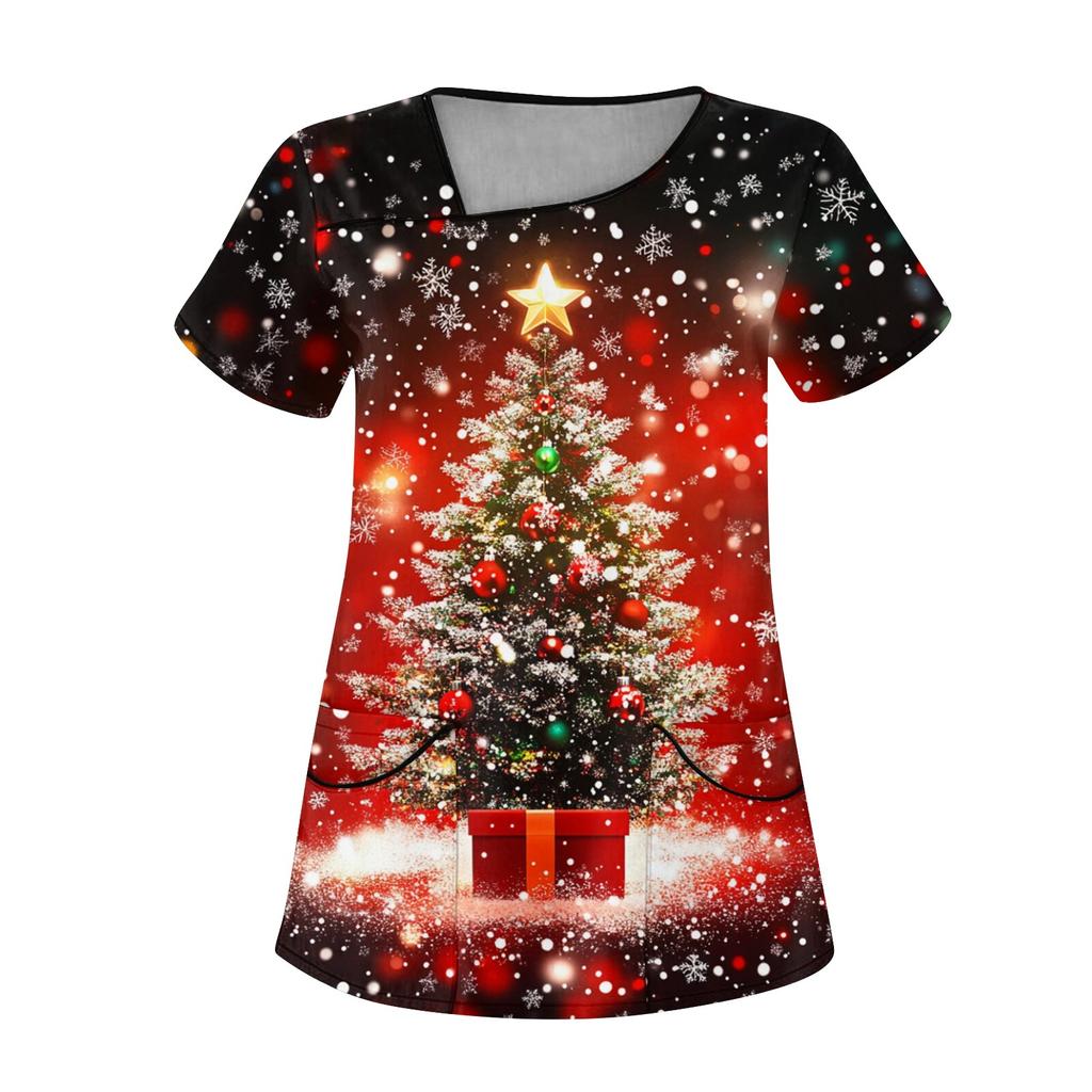 Женская рабочая одежда с рождественским принтом, покатый воротник и двухслойные карманы, базовый пуловер сверху